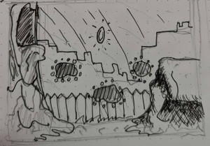 a pencil drawn concept art of virus spores floating in the air in what looks like a residential yard with picket fence