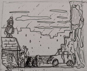 hand drawn concept art in pencil showing a car covered in and a person standing on the roof of a building wearing some protective outfit similar to a hazmat suit.