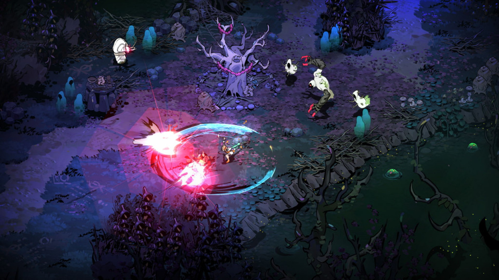 Action screenshot from Hades II. Melinoë attacks enemies in a dark, swamp-like location.