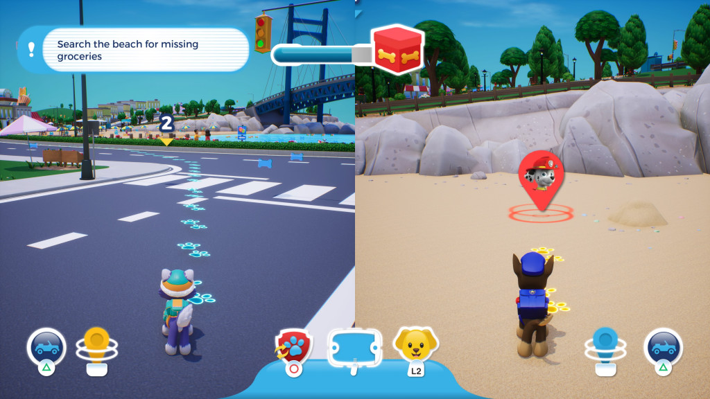 screenshot showing split screen co-op being played. On the left is Everest following blue waypoints along a road. On the right is Chase at a mission that requires the fire pup Marshall.