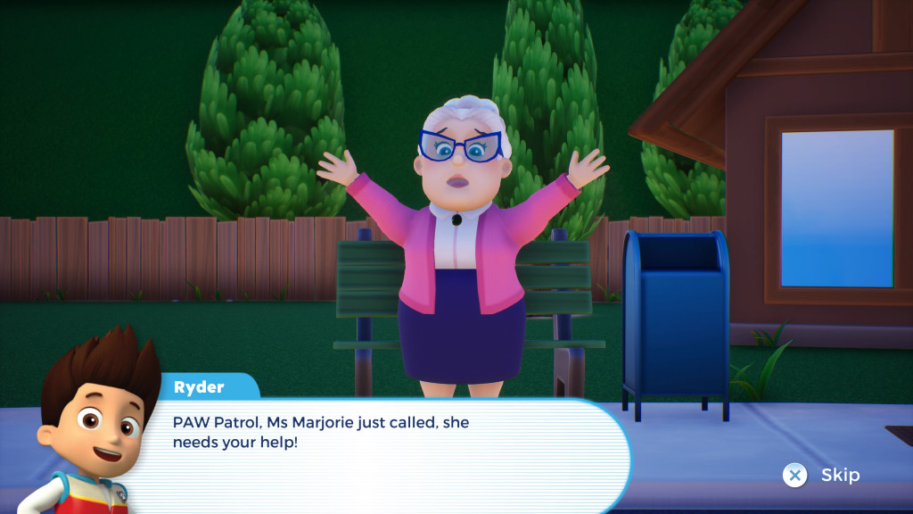 screenshot showing an old lady with grey hair, black rimmed glasses, a pink cardigan, white blouse and purple skirt with her arms in the air as she needs help. Behind is a brown fence and green trees as well as a green park bench, blue bin and a wooden house. Ryder is shown below explaining what has happened in text and voice.