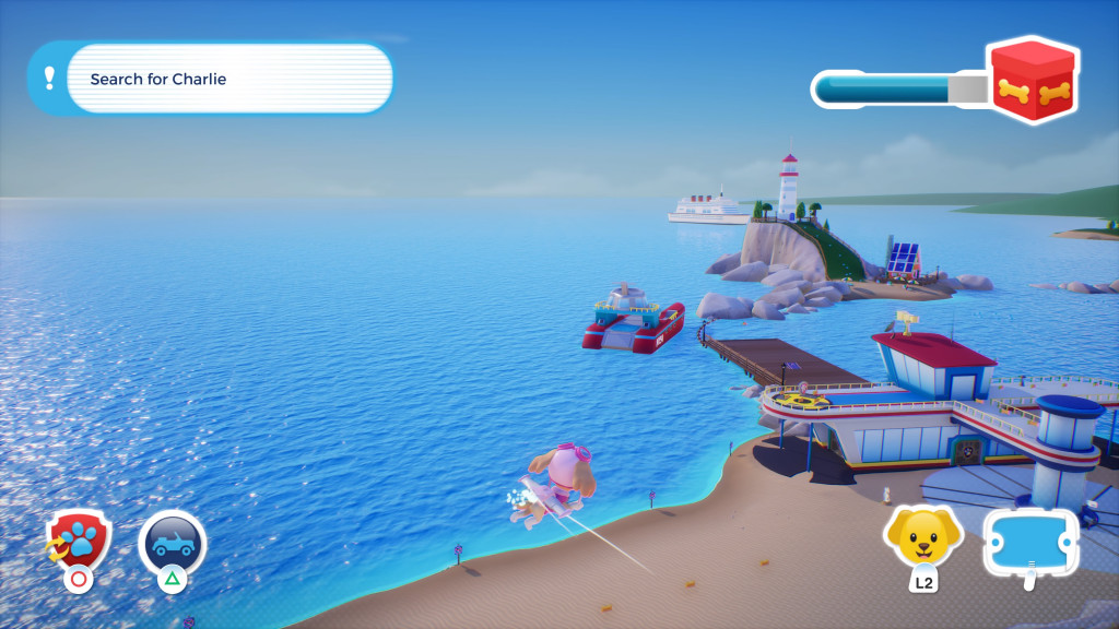 screenshot showing Skye, the aerial paw patrol pup in the air searching for a boy named Charlie. Below is the sandy beach of adventure bay along with a vibrant blue sea and skyline. In the distance is a lighthouse.