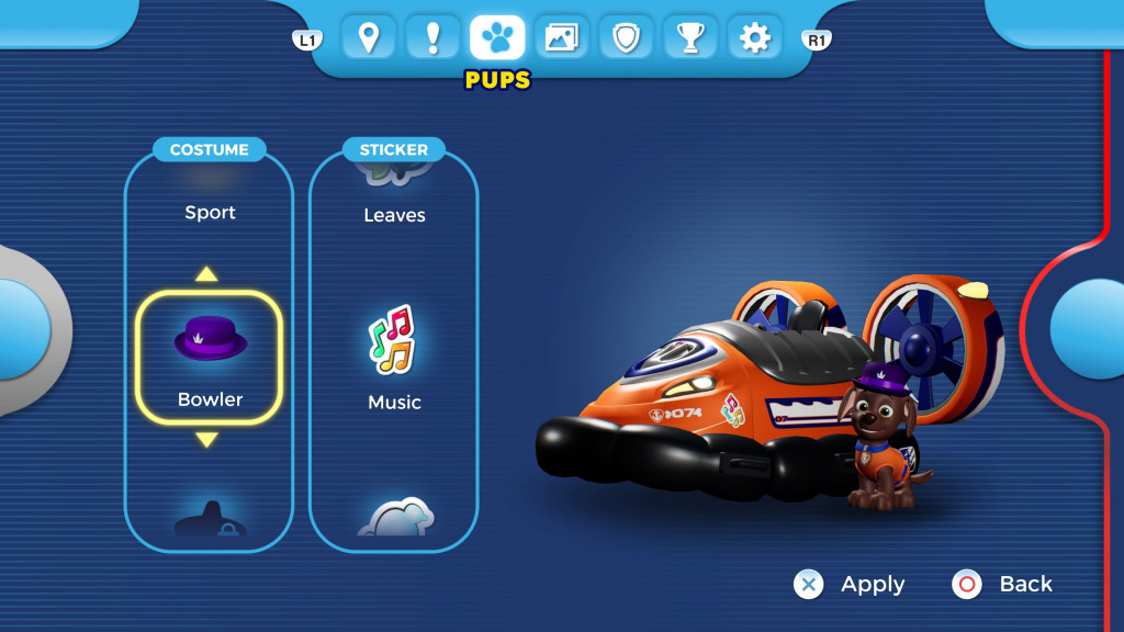 screenshot showing a blue customisation screen with Zuma alongside his iconic orange hovercraft. On the left are 2 columns that show various unlocked costumes and stickers. A purple bowler hat is highlighted and Zuma can be seen wearing it.