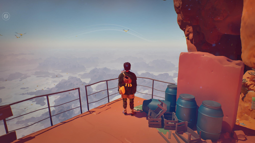 Player character standing on a ledge over looking a vast, desert plain way below. Several birds can be seen flying along a wind current and lower down, further away, a larger group of birds are visible.