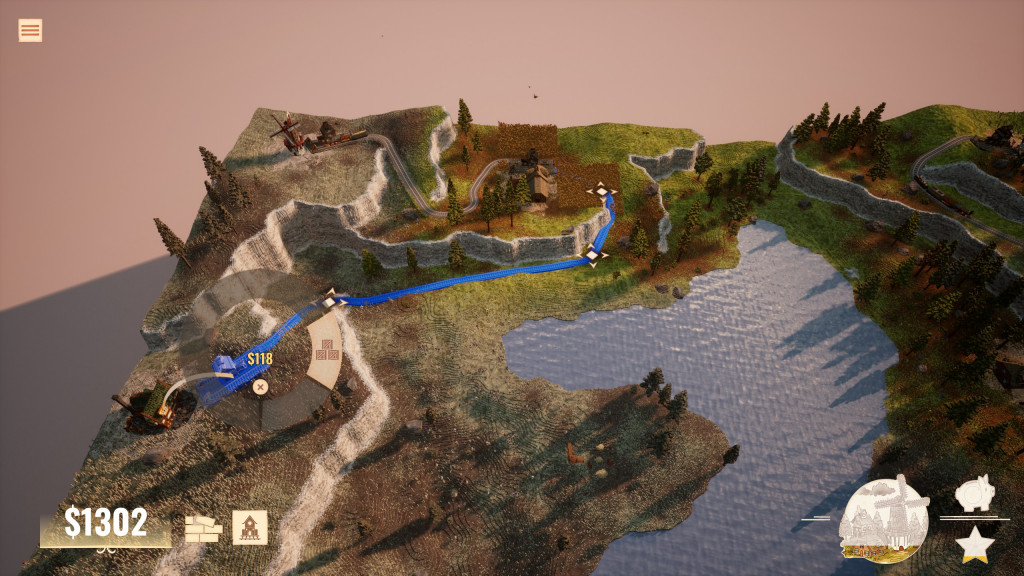 Scene from a level in Station to Station. The player is in the process of creating a railroad between 2 locations. They have added 3 nodes to the track which allow manipulation of the railroads path around obstacles like cliff faces.