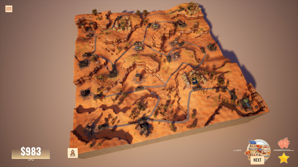 A completed, desert landscape level. Many buildings spread across a vast orange, sandy location with several cliffs are connected via a sprawling network of railroads.
