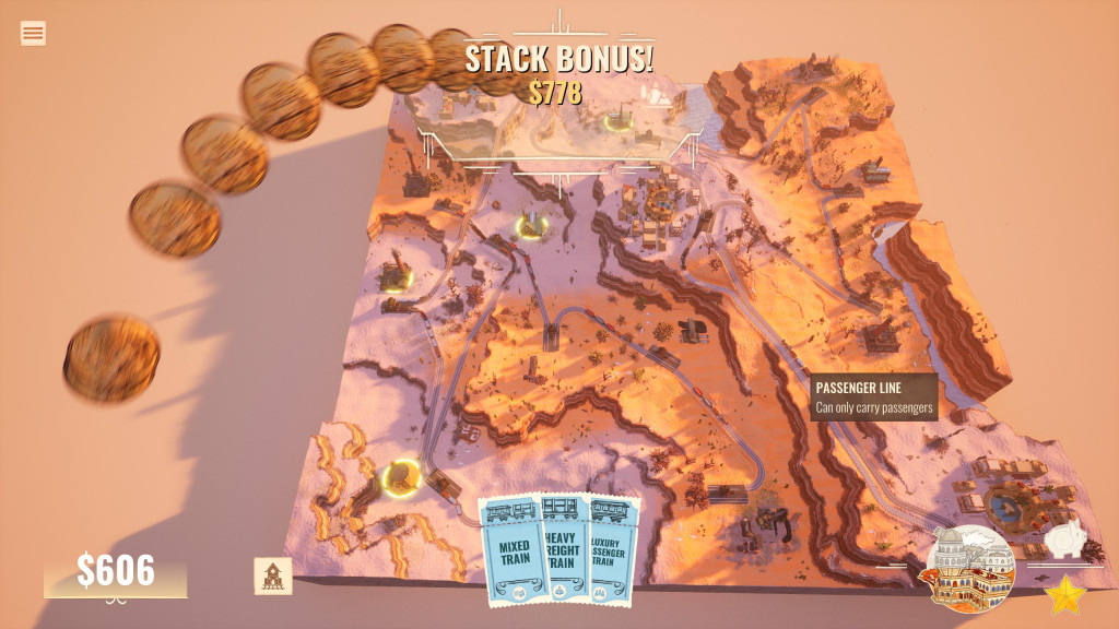 This image shows the player receiving a Stack Bonus of $778 during a level. 4 buildings have a yellow glowing ring at their base indicating that they were all successfully connected to resources simultaneously, creating the bonus.