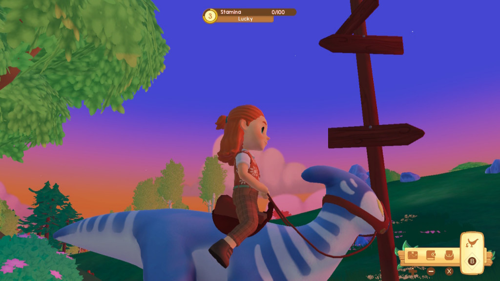 screenshot showing a side view of the blue and white striped dino Lucky with our character riding on top. Behind are green hills and trees. The sky is a sunset of deep orange, pink and blue. There is a brown signpost beside. 