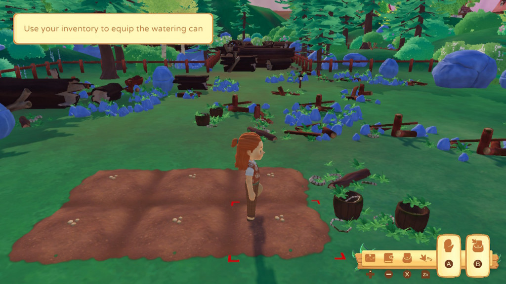 Screenshot showing our character tending to their farmland. There is a brown rectangle of soil with 3 small light brown seeds in each of the 6 plots. A red square is highlighted around the one we are about to water. The screen shows green grass along with grey/blue stones dotted around amongst tall green trees. There are a number of brown bucket and old fence debris items scattered around.