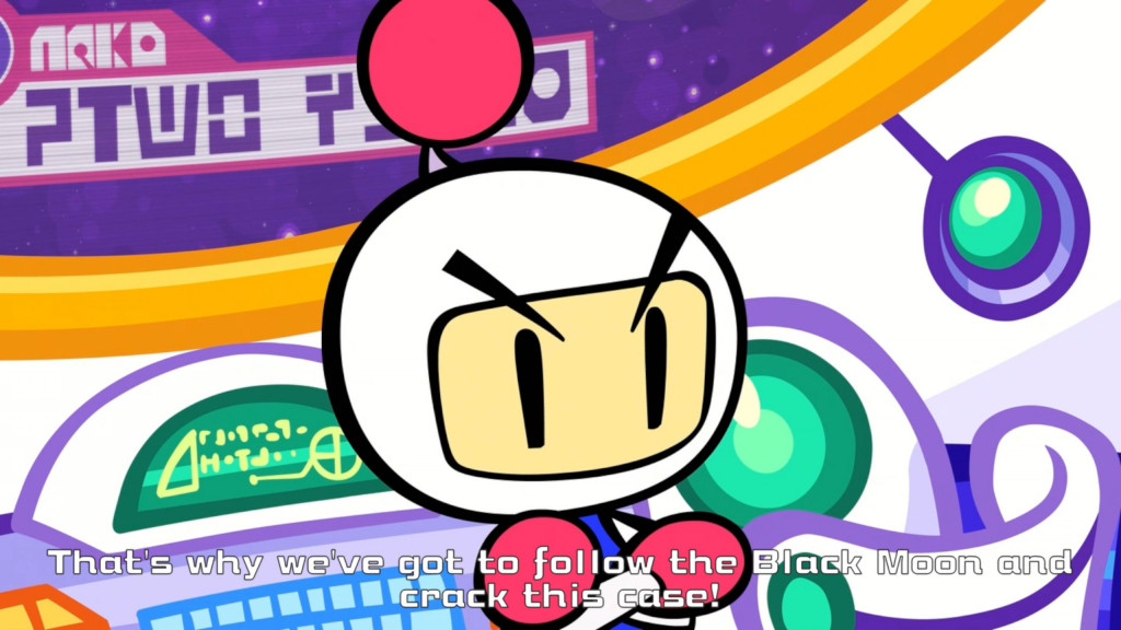 screenshot showing a clip from the story whereby bomberman called White is stating that he needs to round the squad up to investigate the evil Black Moon character.The graphics are colourful with white standing in front arms crossed with a white helmet with a rectangular cut out for his peach face. Black eyes and elaborate black eyebrows stick out while his hands and bobble on his helmet are pink circles. Behind is the inside of the white space ship with green dials and purple outlines detailing the seat and console. A yellow frame can be seen with outer space in purple with stars shining through