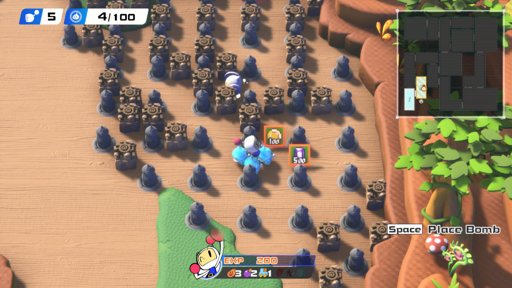 screenshot showing white surrounded by blue ellons. The terrain is predominantly a flat brown sand with grey columns of stone in a grid. In between columns are stones that you can explode to find jewels and coin tokens, shown in the picture. A mini map is top right while bomberman's stats are shown at the bottom middle.