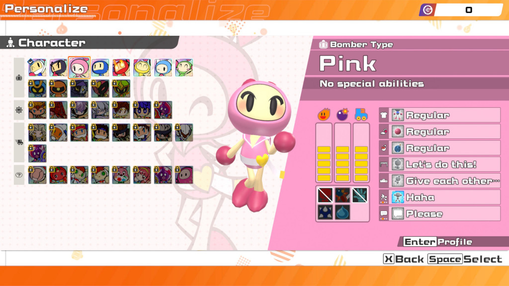 screenshot showing one of the bomber-womans? stats. There name is Pink and she is in the middle of the screen. To the left is a character selection chart while to the right there are her abilities.