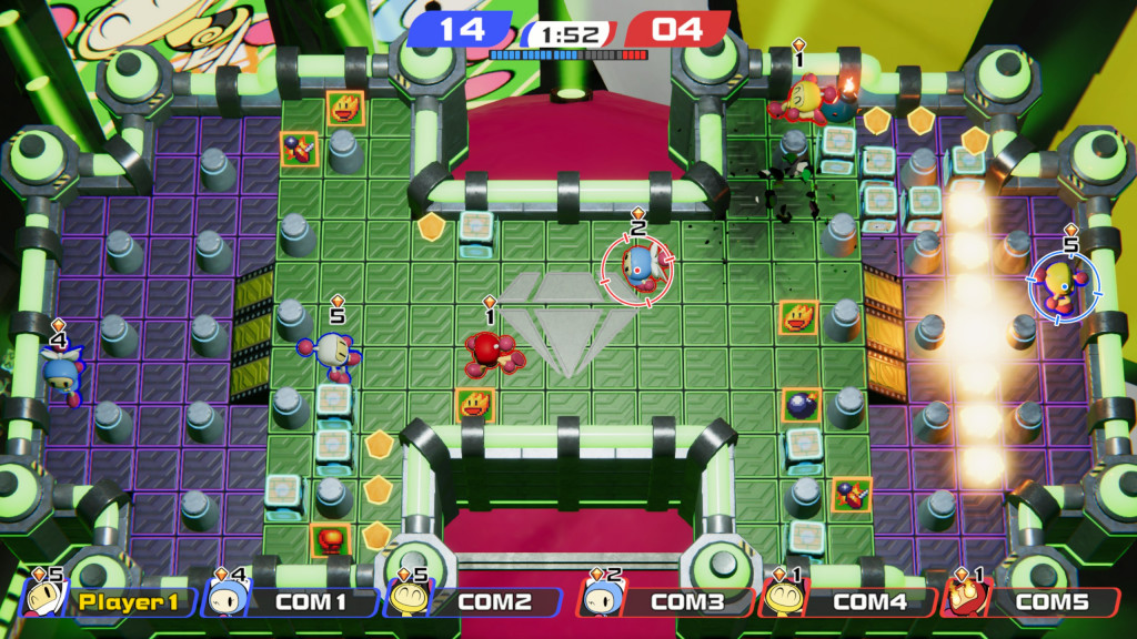 screenshot showing gem mode. it is a small rectangular arena with purple floors on the left and right and a raised green tiled area in the middle. Yellow gems lay on the ground to be collected and there are 6 bomberman taking part. The score at the top reads blue 14, red 4.