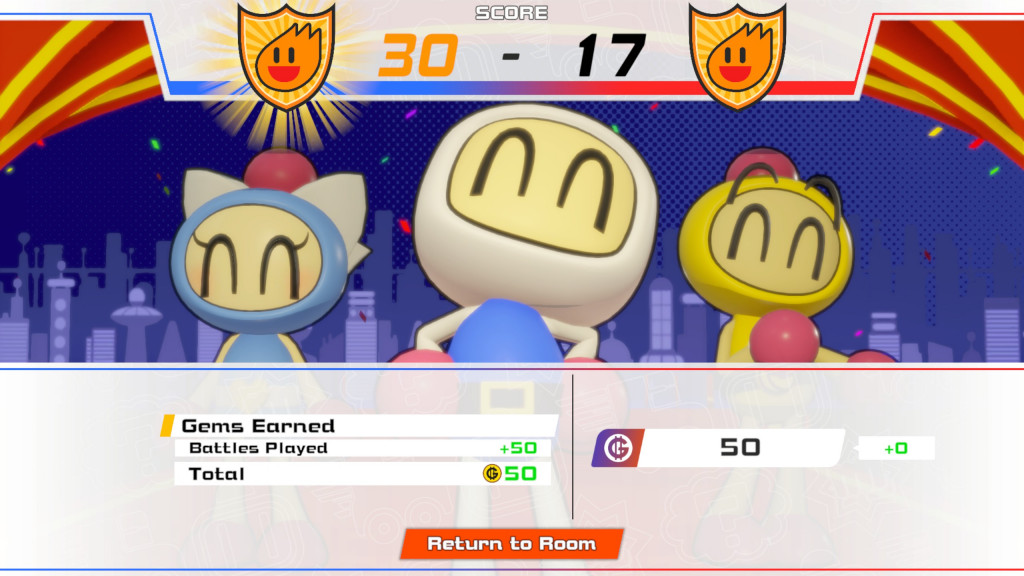 screenshot showing the winning team. We won 30-17 in the Gems game mode. White stands proudly in the middle with a blue and yellow bomberman standing wither side. They look jubliant. Behind is a dark blue and purple cityscape and red and yellow curtains across the top.