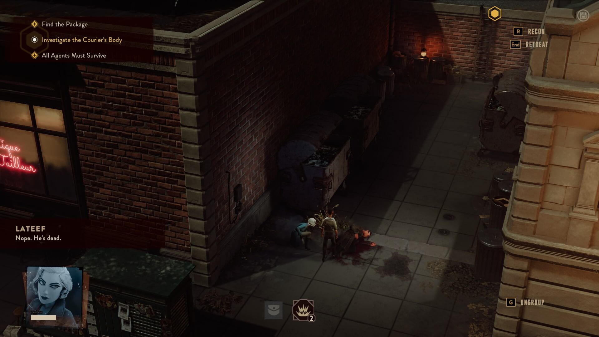 The body of the Courier, found in a dark alley. The two characters are Ingrid and Lateef. The overall aesthetic of the game seems to be from either the 30's or 40's.