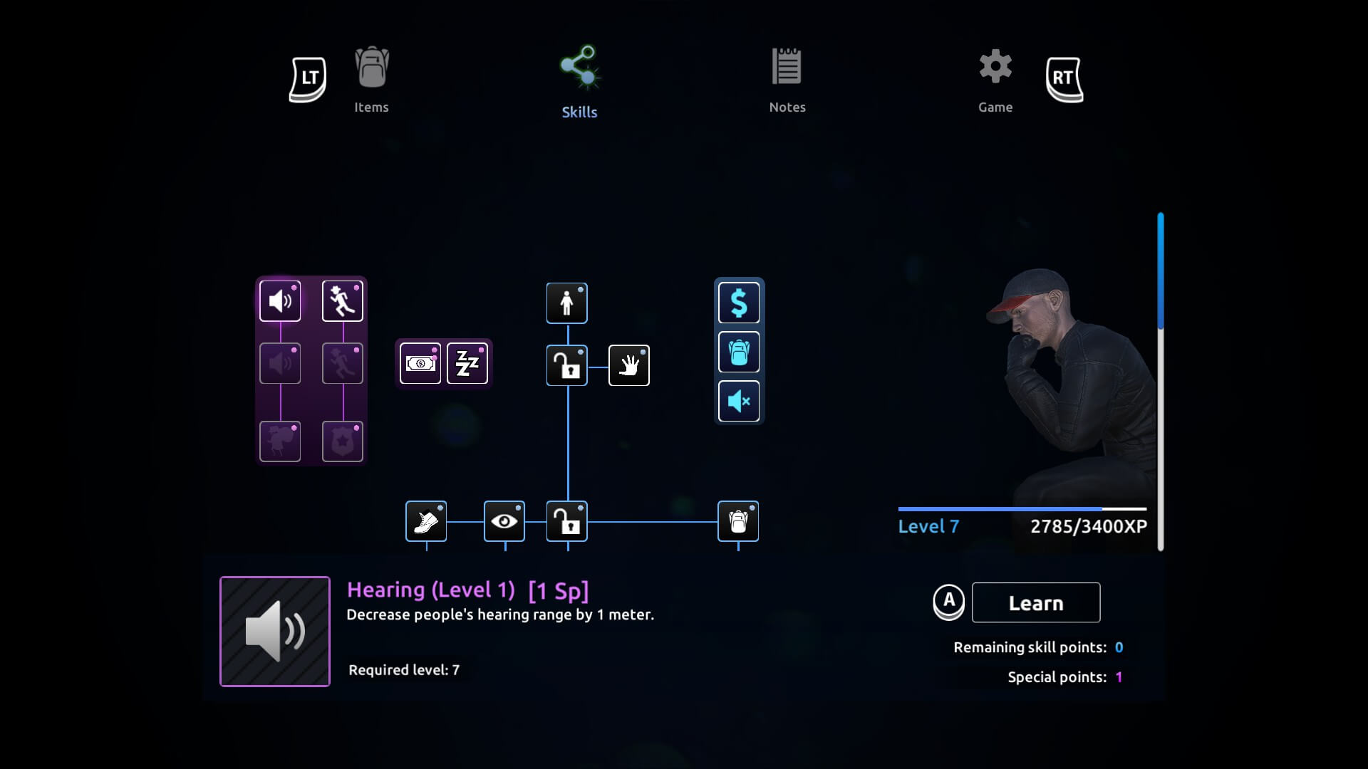 The skill tree found in the game. The blue dot shows that I have purchased that skill while a grey box means I haven't. The large purple square on the left is for a special type of skill points that can't be earned.