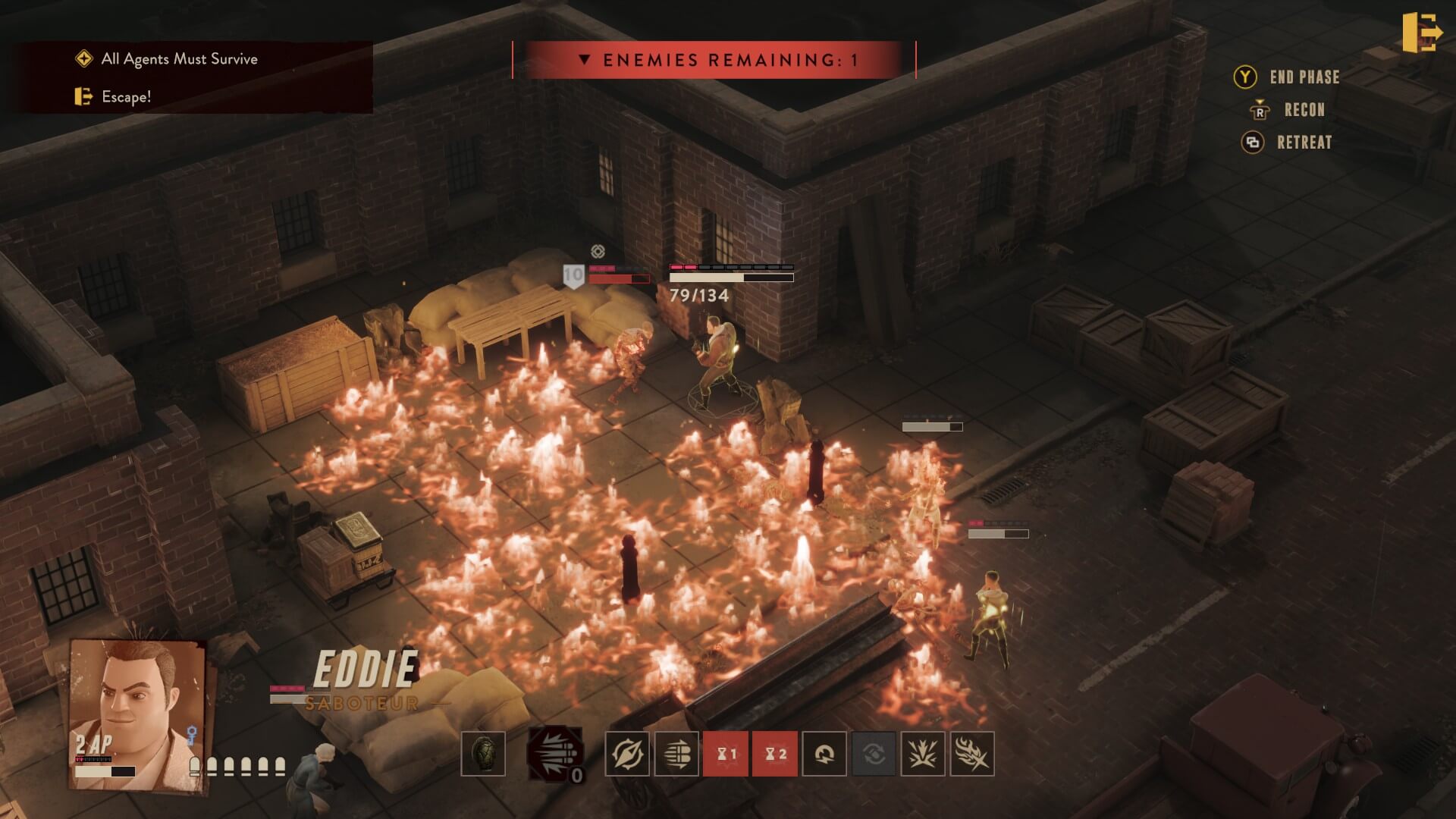 During one of my encounters against a group of mummies, one of my agents had gotten surrounded by flames.