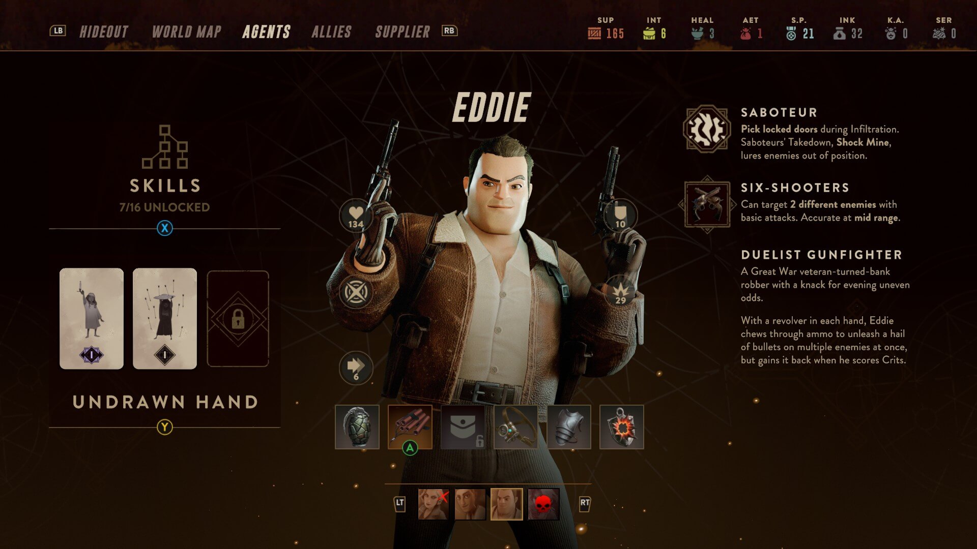 The overview for the Agent called Eddie. The right displays his class, weapon and background. The left is split between two important mechanics the Undrawn hand and skill tree. The skill tree shows that I currently have seven out of sixteen skills for him. The centre part of the screen at the bottom displays all the equipment I have selected for him,