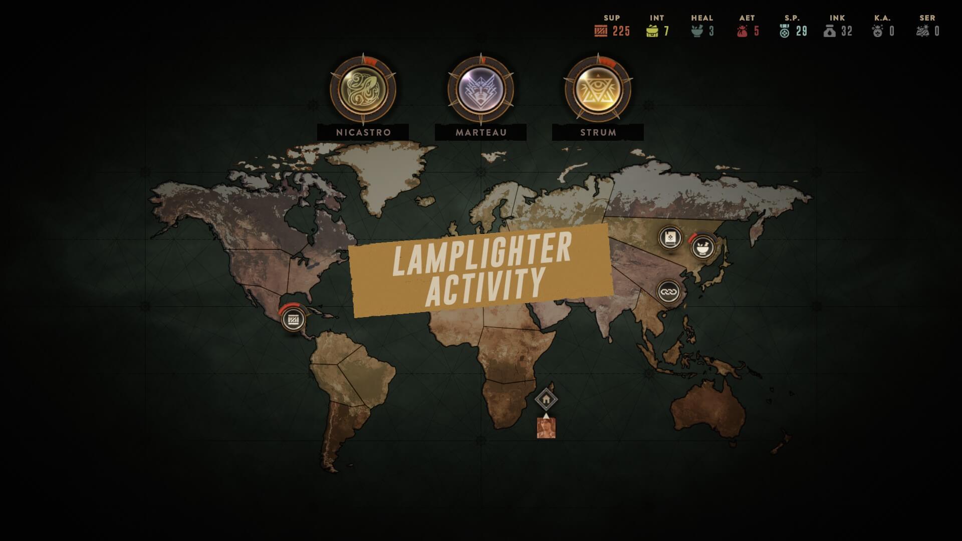 The world map with various icons shown for different missions. the top three symbols represent the enemy factions and influence.