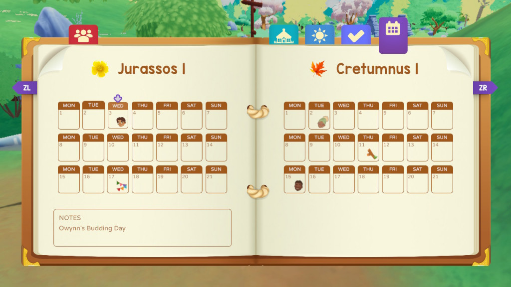 Screenshot showing the journal once more with the season calendar now shown. Both pages have dates 1 to 21 with the left page titled "Jurassos 1" and the right page "Cretumnus 1"