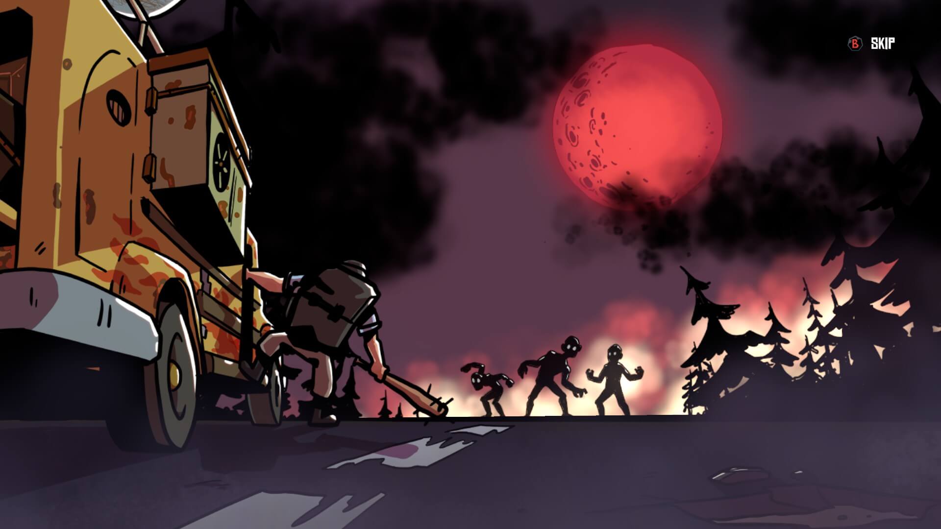 A screenshot I snagged when the beginning intro was playing. it shows the Fighter leaning out the door of the bus preparing to defend from the threat ahead. The clouds are black and passed them shines a blood moon. The road has three zombies which could be shamblers.