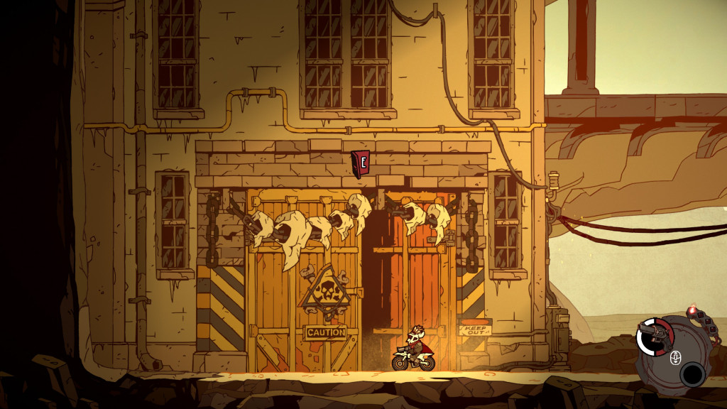 Laika waiting outside of an old building on her bike. Big wooden doors loom ominous, adorned with several large skulls on a chain along the top. A caution warning sign is hung on one door, with a keep out sign attached to the opposite side of the frame.