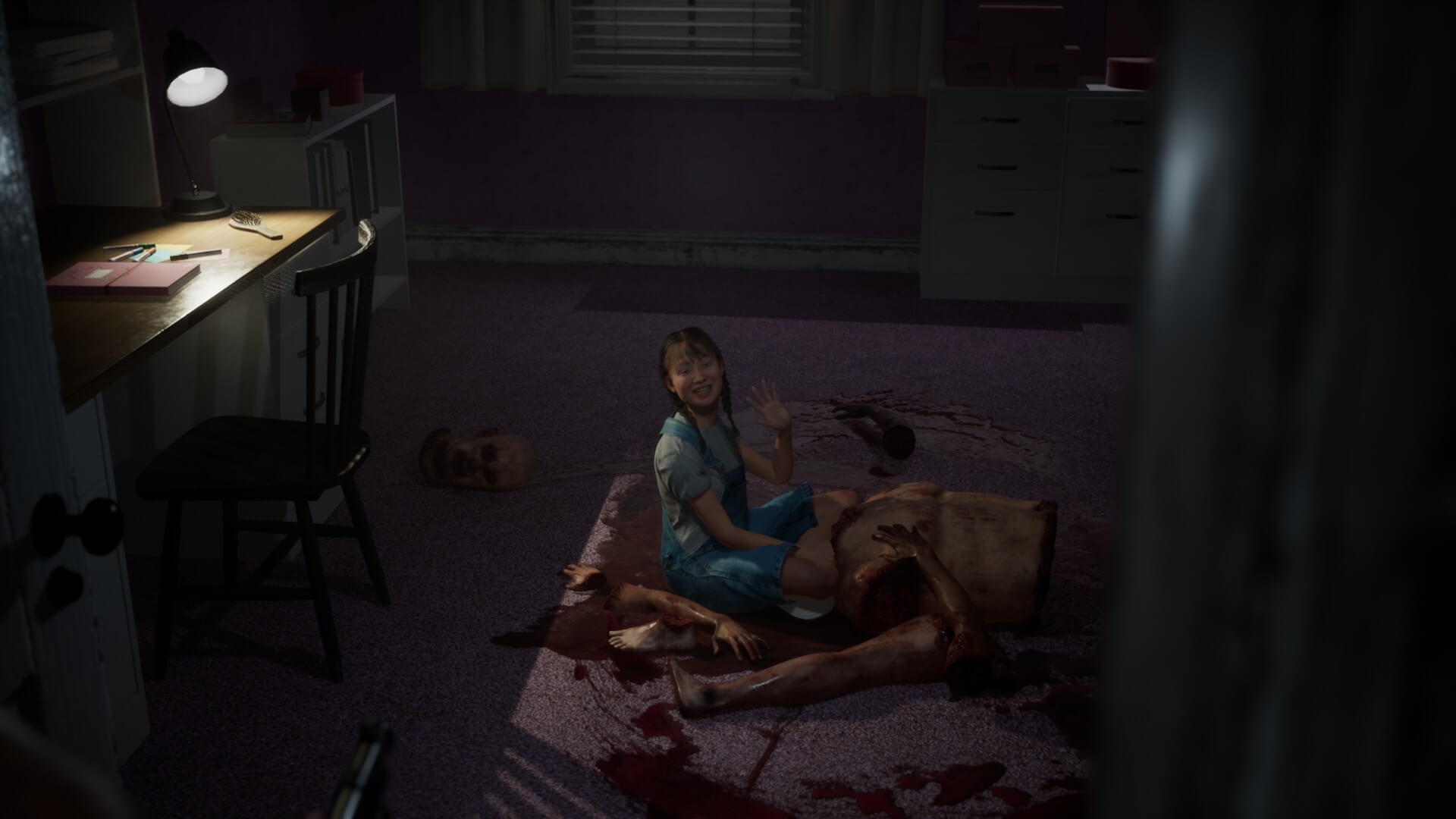 A small girl that seems to be playing with a corpse. She is smiling and waving towards the players direction. The players view comes from peering out a door and investigating.