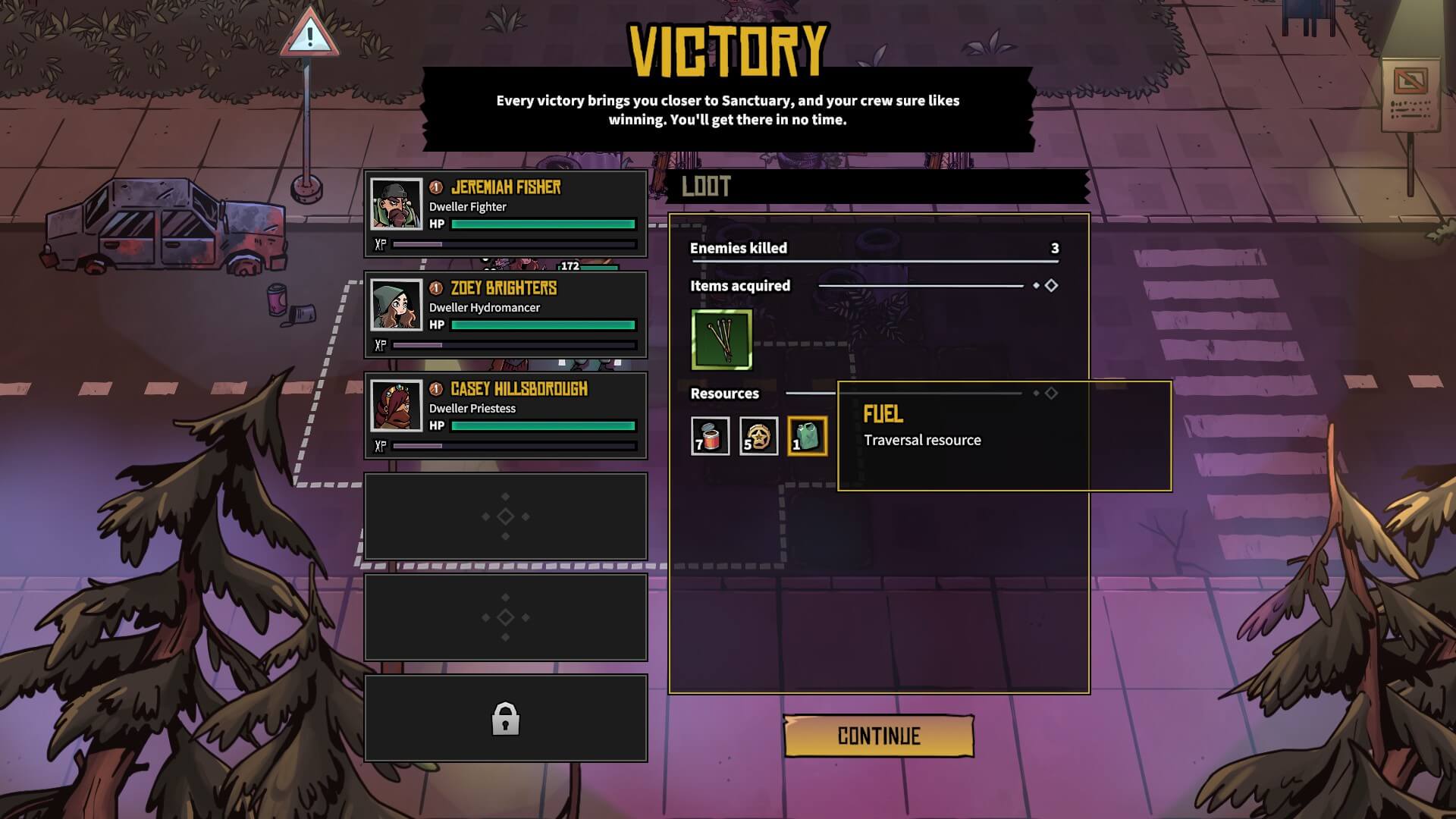 The victory screen that displays after finishing a fight. The left is my team and how much XP they gained.