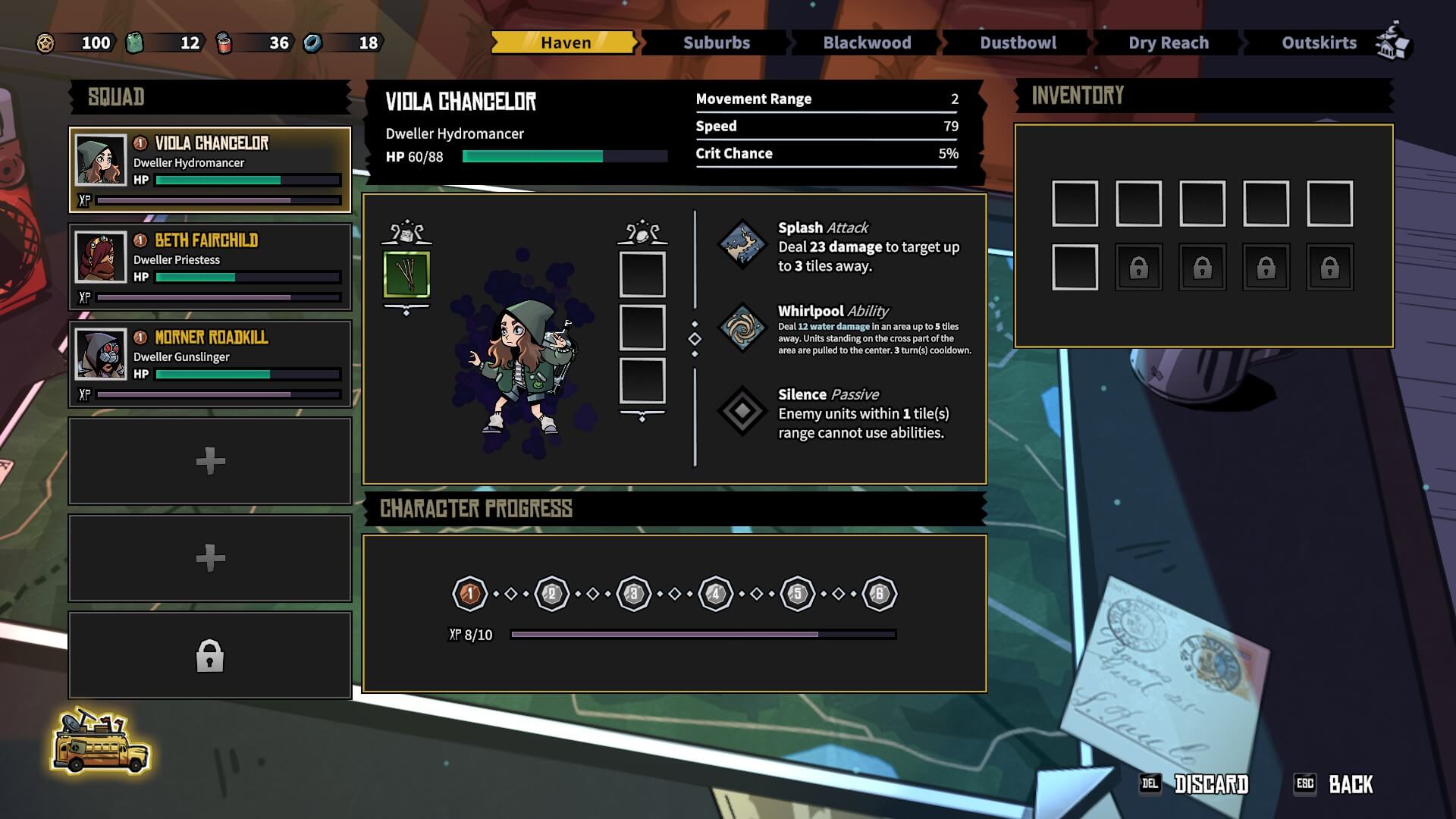 The inventory screen for the team. The hydromancers equipment menu is shown that she has a consumable equipped. The player can also get a better view of what her skills are.