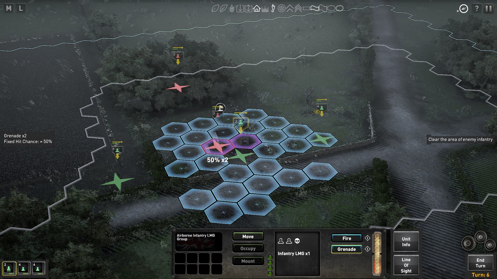 Screenshot of the movement grid that is displayed when selecting a troop. The grid shows the distance they can travel in blue. 