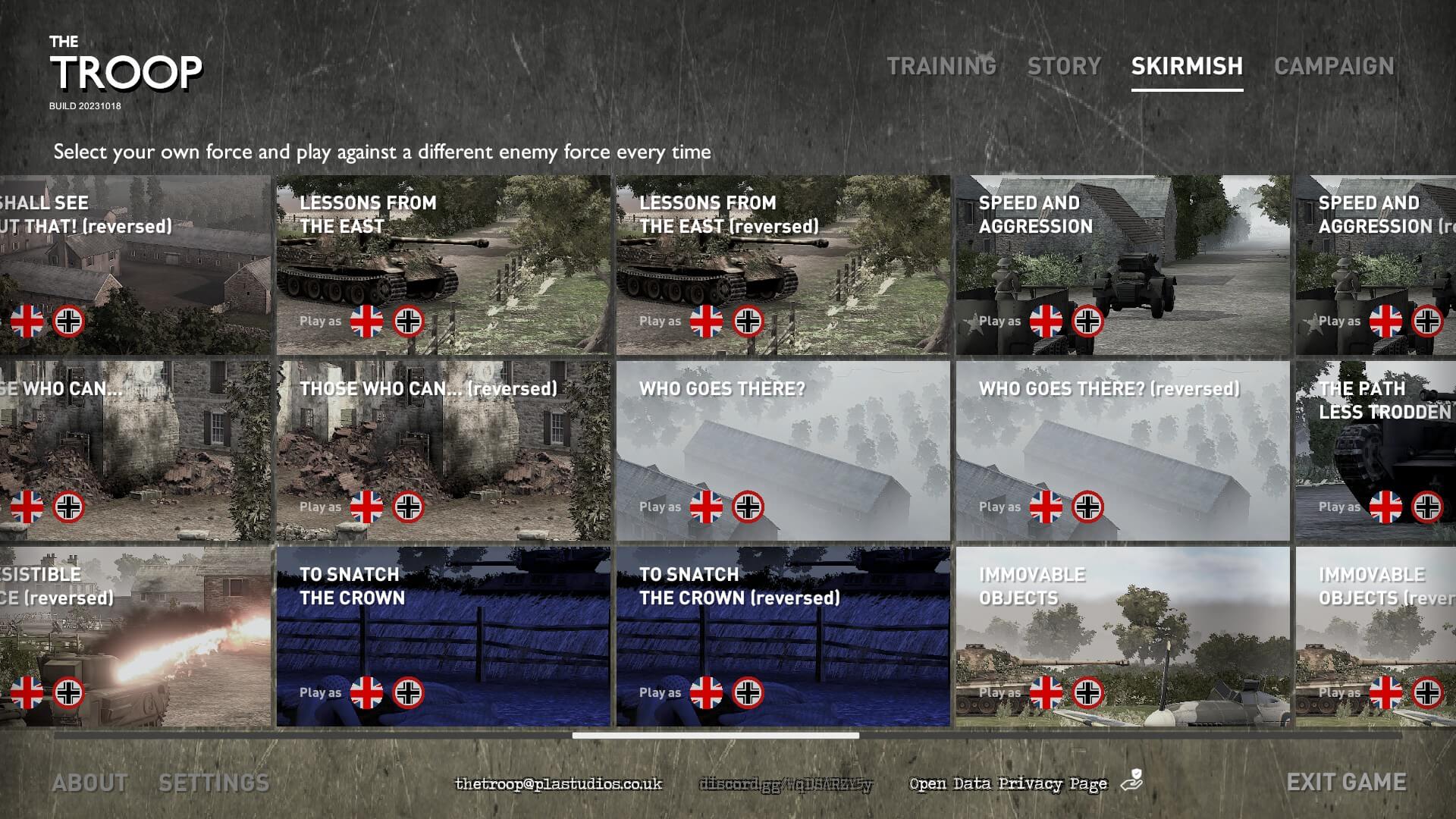 The Skirmish section of the menus. This displays the maps names and which sides are available to play as.