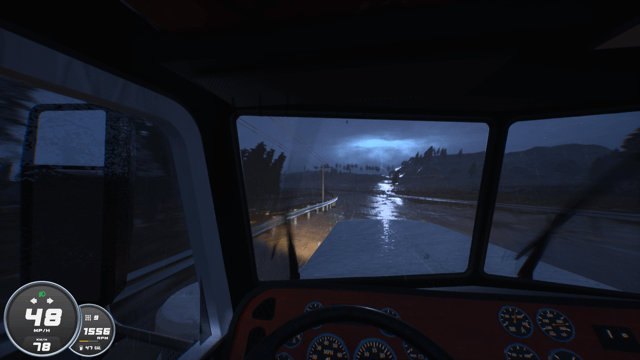 It is a dark, wet and stormy night. The wind is blowing at horrendous speeds, the trees to the side of the road are leaning a lot. You are sat inside your truck heading along a dark wet road, the clouds above are spewing lightening in the distance. Chances of survival are low to slim.