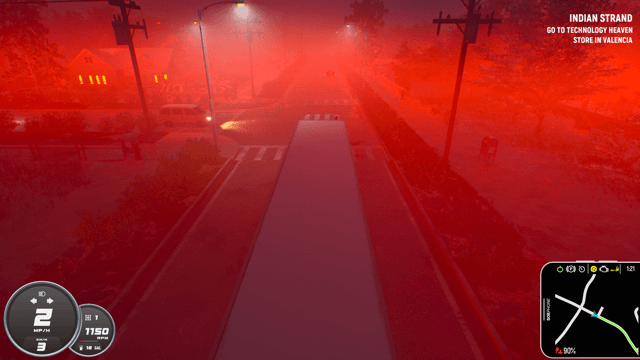 Red mist surrounds you, you can barely make out anything at all, it's not safe driving conditions, consider taking a nap. You suspect you might be in a town, there seems to be a junction up ahead with a car waiting to pull out in front of you. The gates of hell are open.