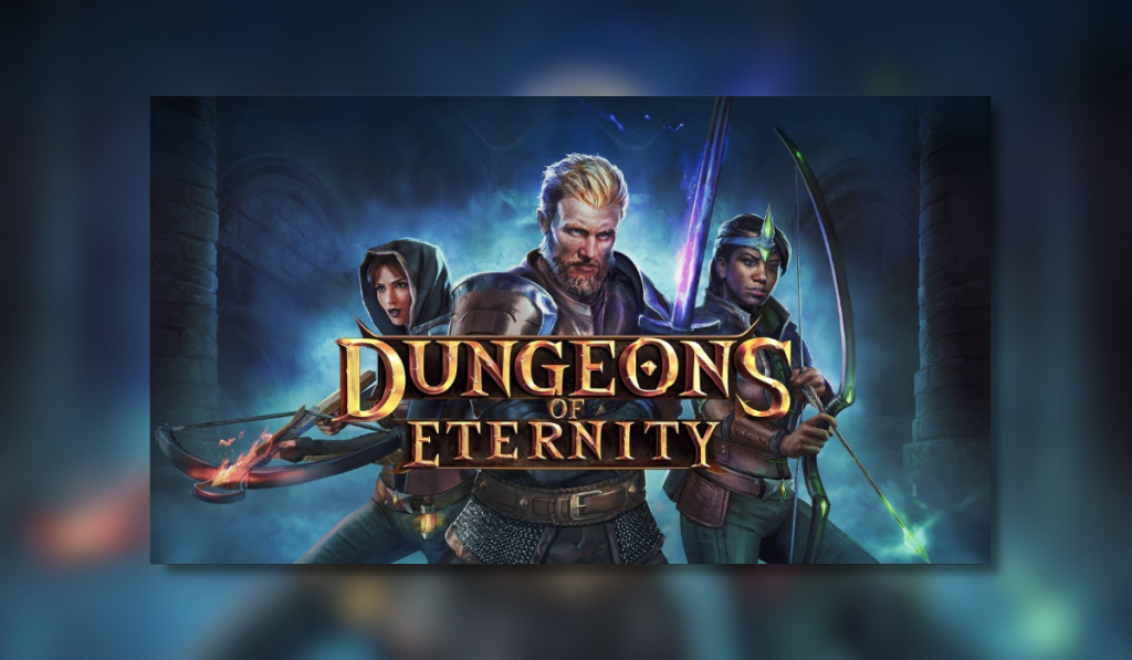 dungeons of eternity featured image showing 3 characters of different classes holding differnt weapons behind the title name