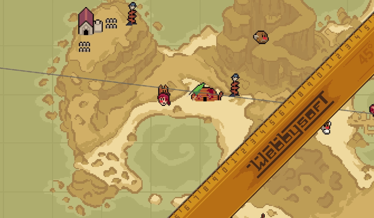 A pixel art map showing an island with markers showing points of interest like signposts and the player's location. A wooden ruler covers the bottom right corner and a grey line is drawn across the map.