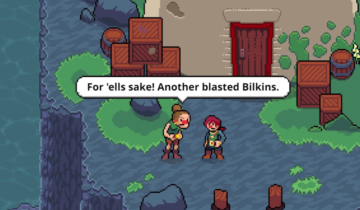 A pixel art scene on a rocky island lighthouse. A young man and an old pirate woman stand outside the door. A speech bubble says "For 'ells sake! Another blasted Bilkins."
