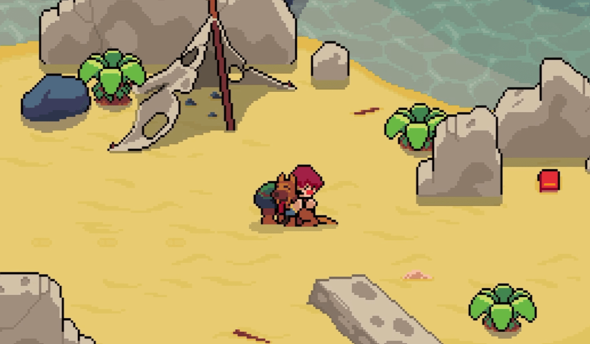 A pixel art scene on a sandy beach strewn with large rocks. A young man is happily hugging his faithful dog outside a makeshift tent.
