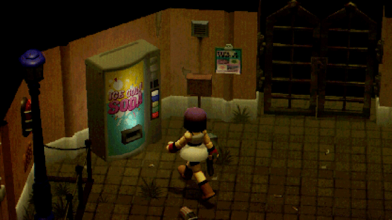 A purple-haired woman in a white dress and brown boots walks towards a vending machine that says Ice Cold Soda in a pink font. She kicks the machine and after a short pause, handgun ammo comes out.