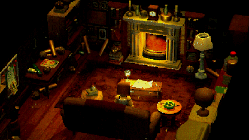 A cluttered dark room with many items across various shelves and small tables. In the center is a sofa, a coffee table with a large rug underneath, and a lit fireplace illuminating the room. On the sofa is the protagonist, Mara Forest.