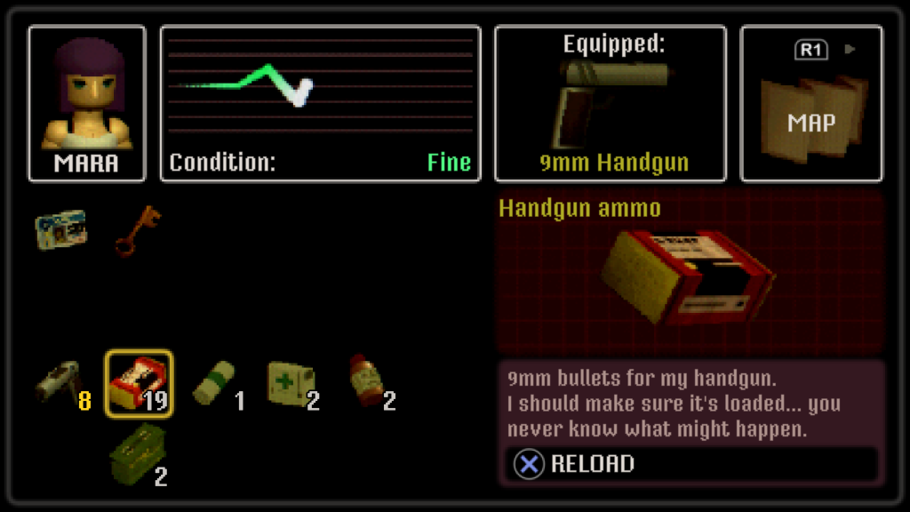 The screen (going from left to right) features a small scale portrait of Mara, the protagonist, and a heartbeat monitor, a slot saying a Handgun is equipped, and a map. Below are inventory items, with a description of the selected item on the right.