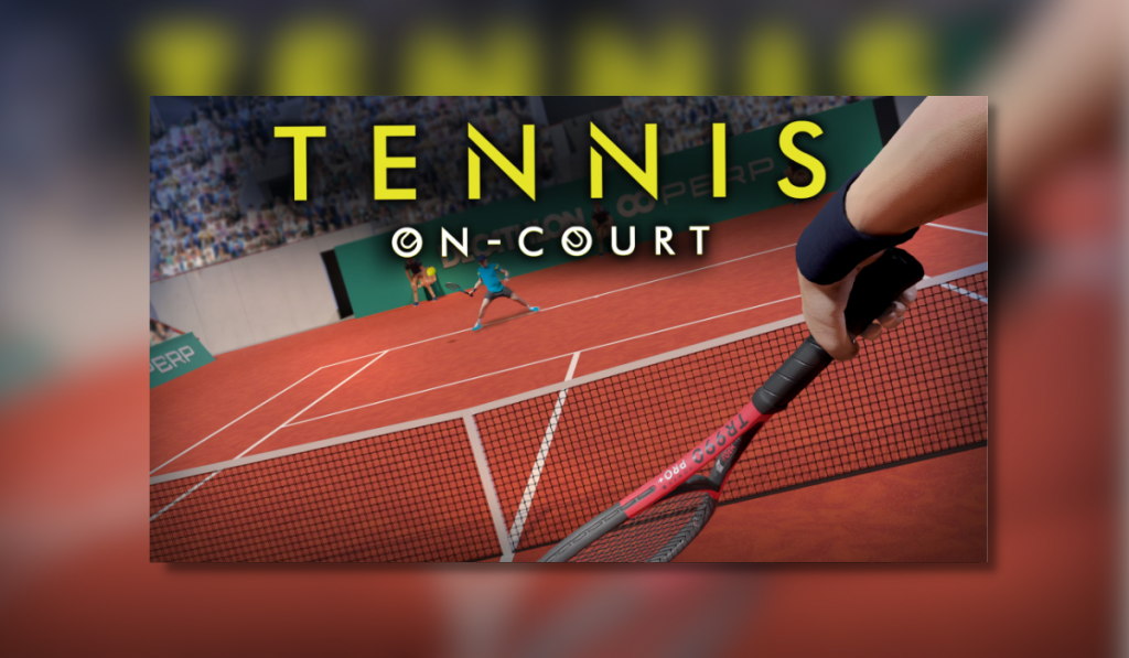 Tennis on court logo in front of a characters hand holding a racket.