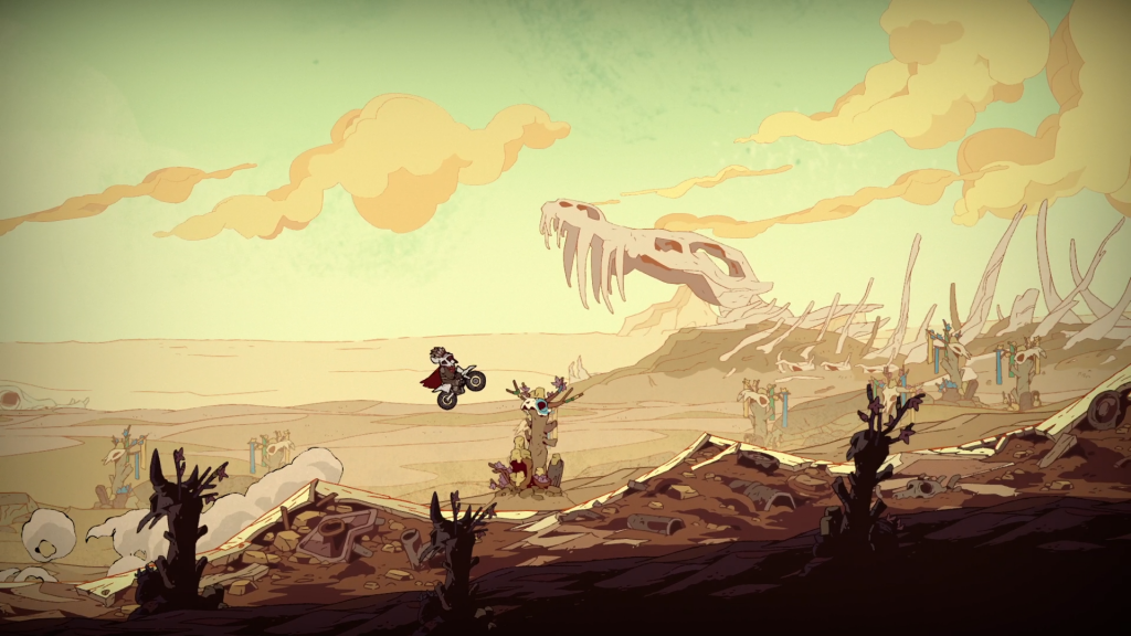 Laika ramps her motorbike into the air whilst travelling across a vast wasteland. The background is littered with graves. Further back a skeleton of some long-dead- giant animal can be seen.