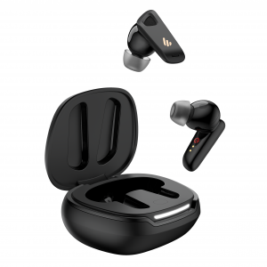 The NeoBuds Pro 2 earbuds in black, floating above their matching black earbud case which is open.