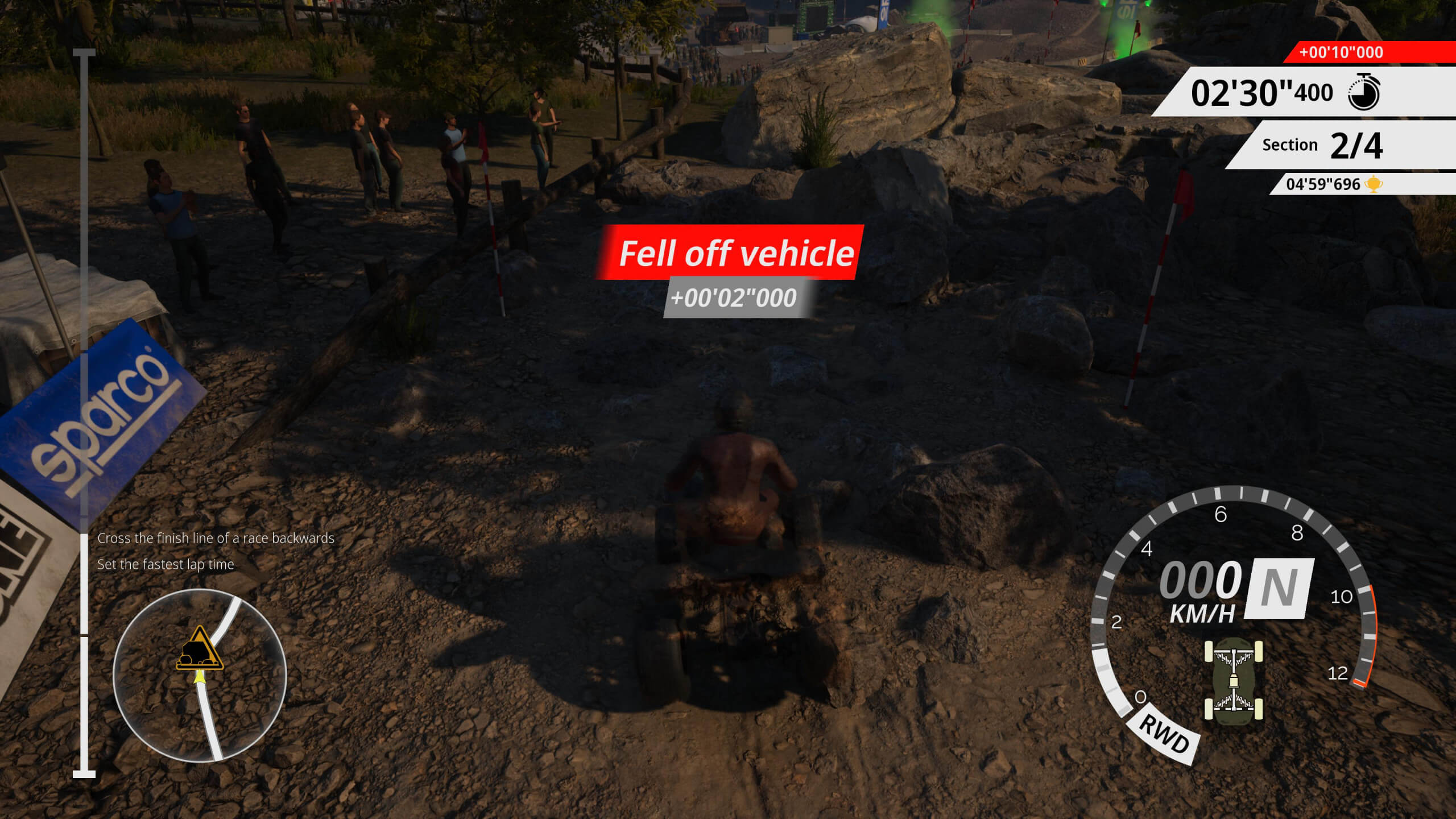 In game screenshot whowing a race timer alongside which section of the track you are on. The player is covered in mud after falling off the vehicle and obtaining a 2 second penalty