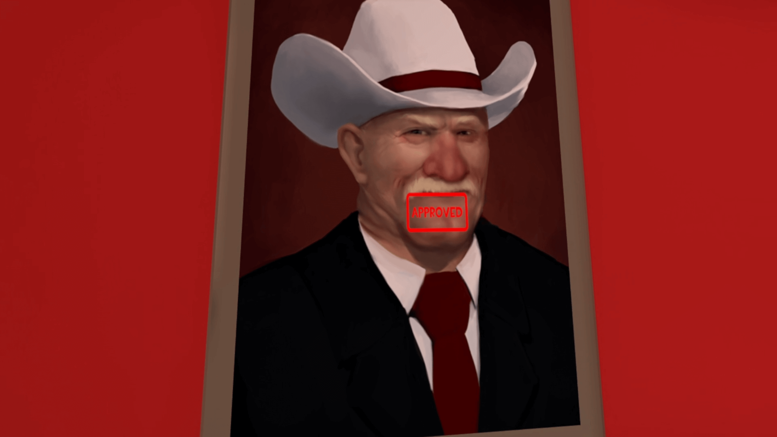 A screenshot of Budget Cuts Ultimate gameplay. It shows a picture frame of the the found Rex, in a dark suit and a white cowboy hat. He has a stamp over his mouth saying Approved. 