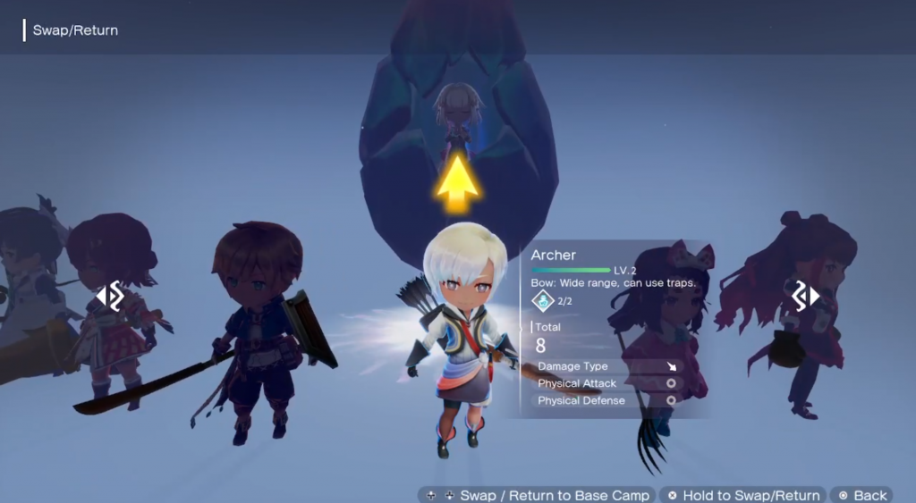 Archer is highlighted as the current option. Wanderer, Warrior and Rouge are concealed to the left. Farmer and Fighter are concealed on the right. The princess enclosed in the tear crystal is right behind Archer.