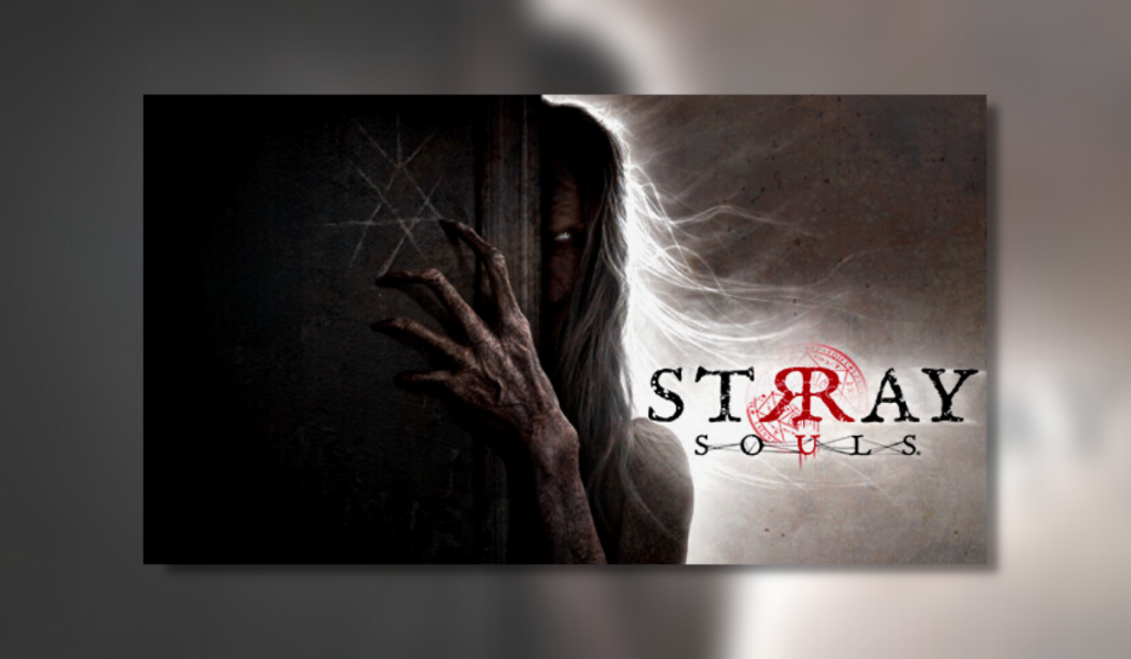 The feature image for the game Stray Souls. The image displays a woman with grimey hair and wrinkled hand leaning out a wall. The hand has scratched a symbol commonly found in the game.