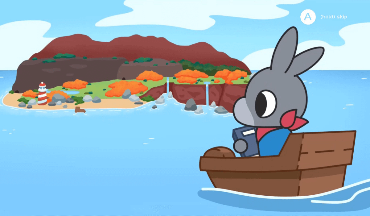 Flynn, a cartoon donkey, sat on a wooden boat as it approaches FIgori Island, a forest covered landmass with waterfalls and beaches. He's holding his sticker book in front of him.