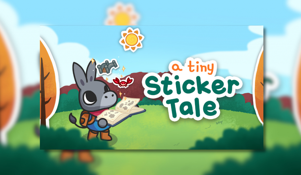 A cartoon donkey holds a sticker book open on a sunny day. Stickers rise up out of the book and into the air - a crab, a bridge, and a sun. Text to the right reads "a tiny Sticker Tale".