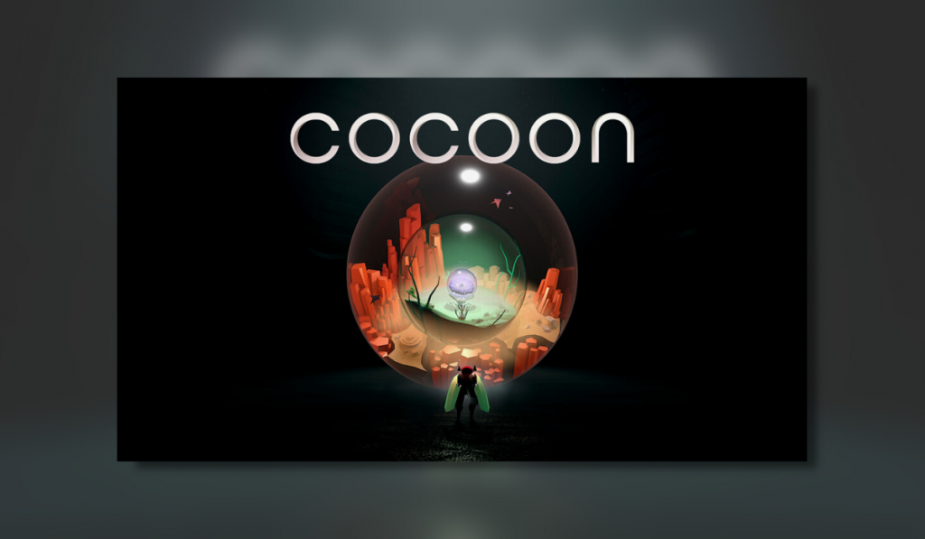 Cocoon shows a cicada like character standing in front of a glass sphere inside it is a red rocky world with a platform with an orb on it.